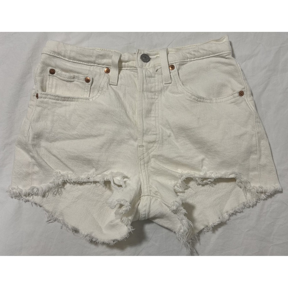Levi's 501 Womens Original High Rise Shorts White Frayed Hem Stretch Comfort 26